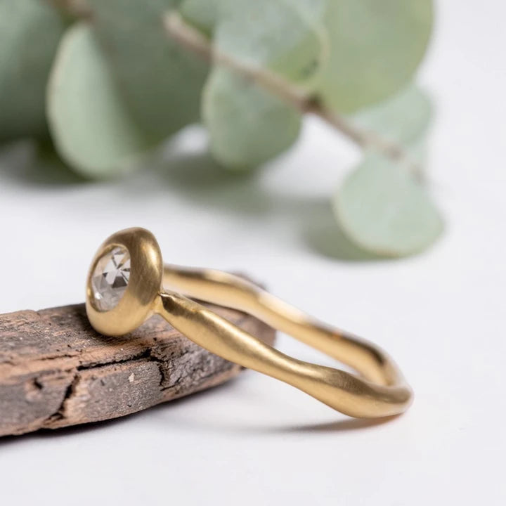 Rose Cut Diamond Ring with Wide Bezel Water Band in 18K Gold