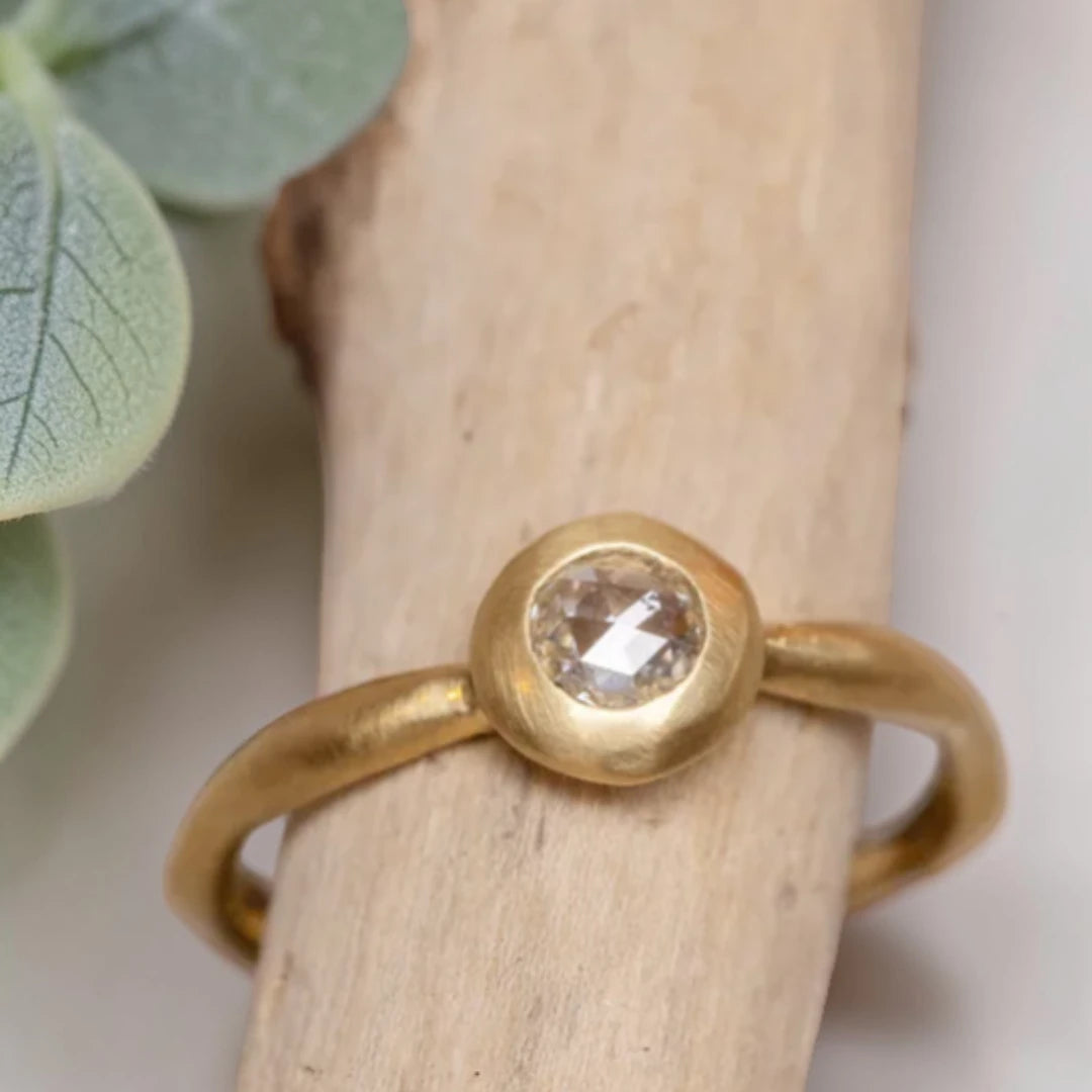 Rose Cut Diamond Ring with Wide Bezel Water Band in 18K Gold