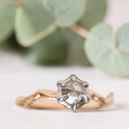 Salt and Pepper Rose Cut Diamond Ring with Twisted Shank