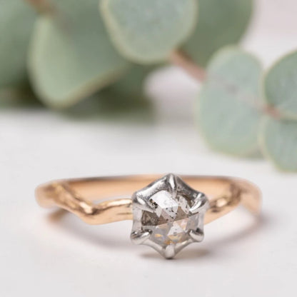 Salt and Pepper Rose Cut Diamond Ring with Twisted Shank