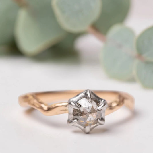 Salt & Pepper Rose Cut Diamond Ring, Twist Shank, Nature-Inspired Fine Engagement Jewelry