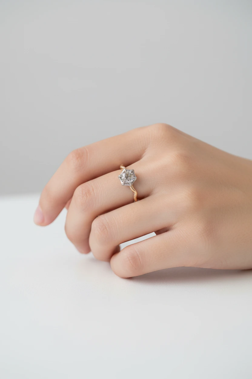 Salt and Pepper Rose Cut Diamond Ring with Twisted Shank