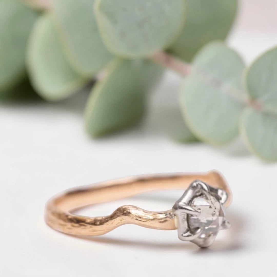 Salt and Pepper Rose Cut Diamond Ring with Twisted Shank
