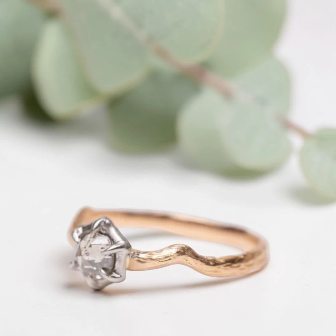 Salt and Pepper Rose Cut Diamond Ring with Twisted Shank