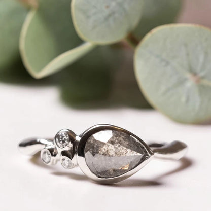 Pear Rose Cut Salt and Pepper Diamond Ring Vintage Bridal Band