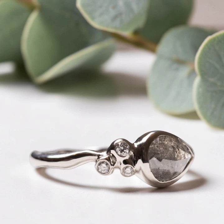 Pear Rose Cut Salt and Pepper Diamond Ring Vintage Bridal Band