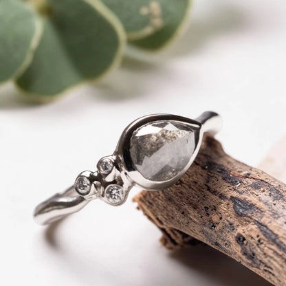 Pear Rose Cut Salt and Pepper Diamond Ring Vintage Bridal Band