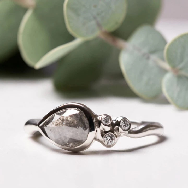 Pear Rose Cut Salt and Pepper Diamond Ring Vintage Bridal Band