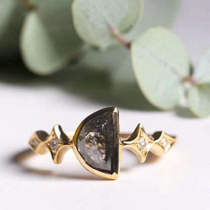 Half Moon Rose Cut Salt and Pepper Diamond Ring in Gold