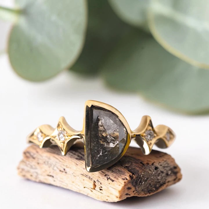 Half Moon Rose Cut Salt and Pepper Diamond Ring in Gold