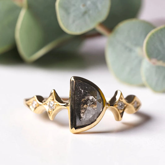 Half Moon Rose cut Salt & Pepper Diamond Ring – Celestial Gold Engagement Band