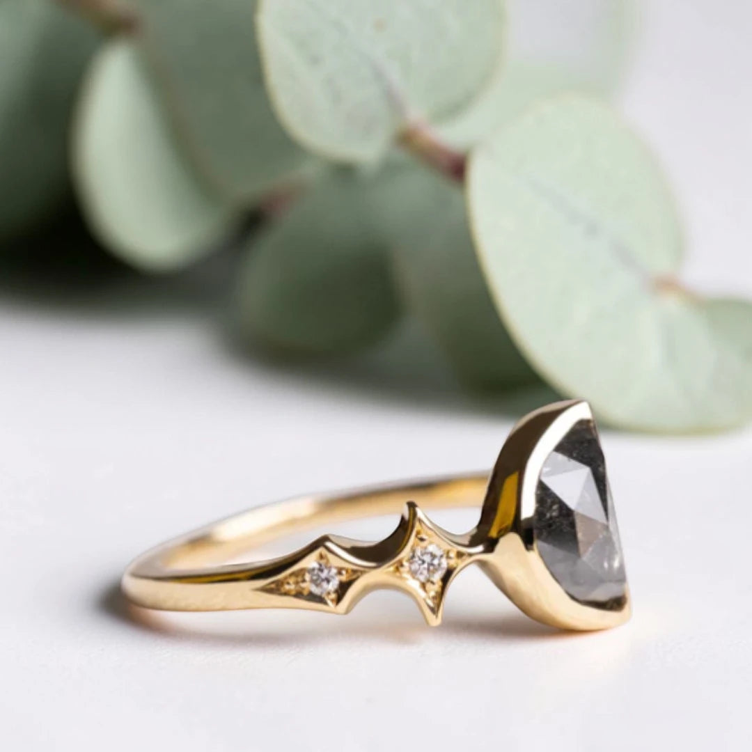 Half Moon Rose Cut Salt and Pepper Diamond Ring in Gold