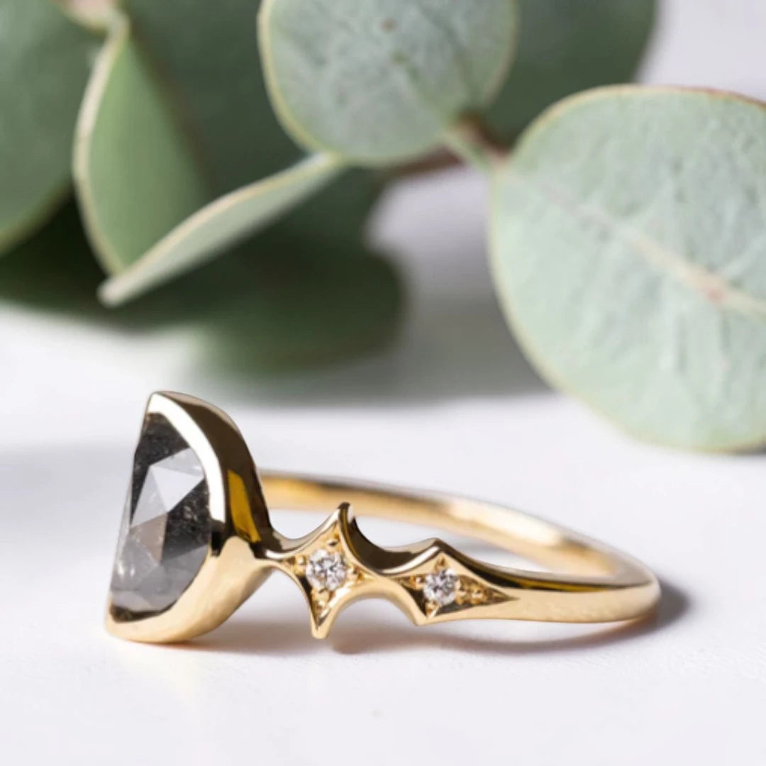 Half Moon Rose Cut Salt and Pepper Diamond Ring in Gold