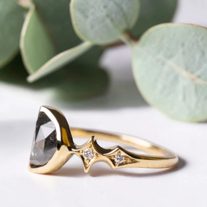 Half Moon Rose Cut Salt and Pepper Diamond Ring in Gold