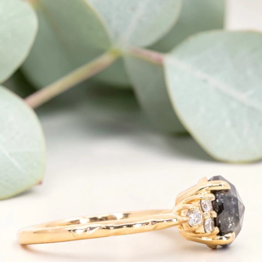 Rose Cut Salt & Pepper Diamond Cluster Ring in 14K Yellow Gold