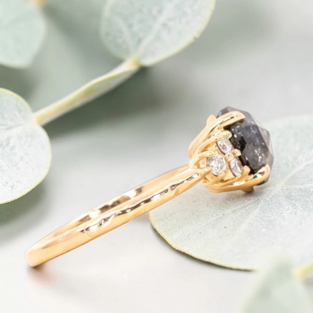 Rose Cut Salt & Pepper Diamond Cluster Ring in 14K Yellow Gold