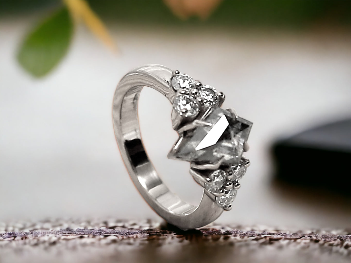 Kite Cut Salt and Pepper Diamond Ring Handmade Minimalist Engagement Ring