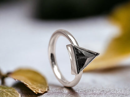Triangle Salt & Pepper Diamond Ring, Raw Natural Engagement Ring, Handmade Rustic Gold