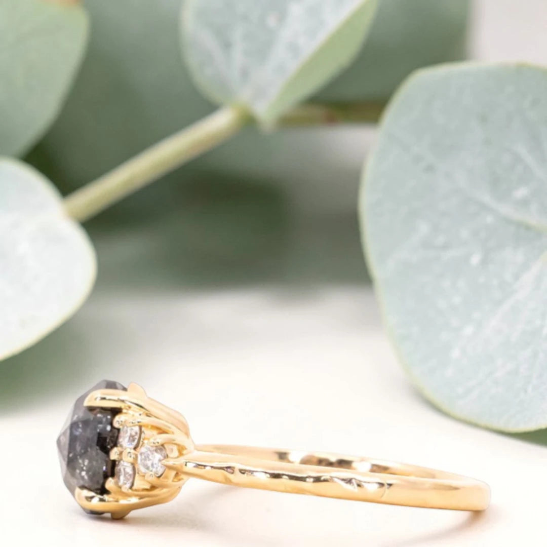 Rose Cut Salt & Pepper Diamond Cluster Ring in 14K Yellow Gold