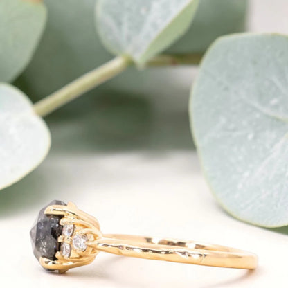 Rose Cut Salt & Pepper Diamond Cluster Ring in 14K Yellow Gold