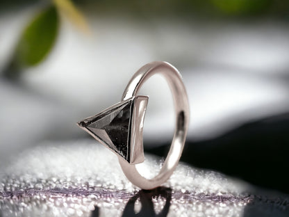 Triangle Salt & Pepper Diamond Ring, Raw Natural Engagement Ring, Handmade Rustic Gold
