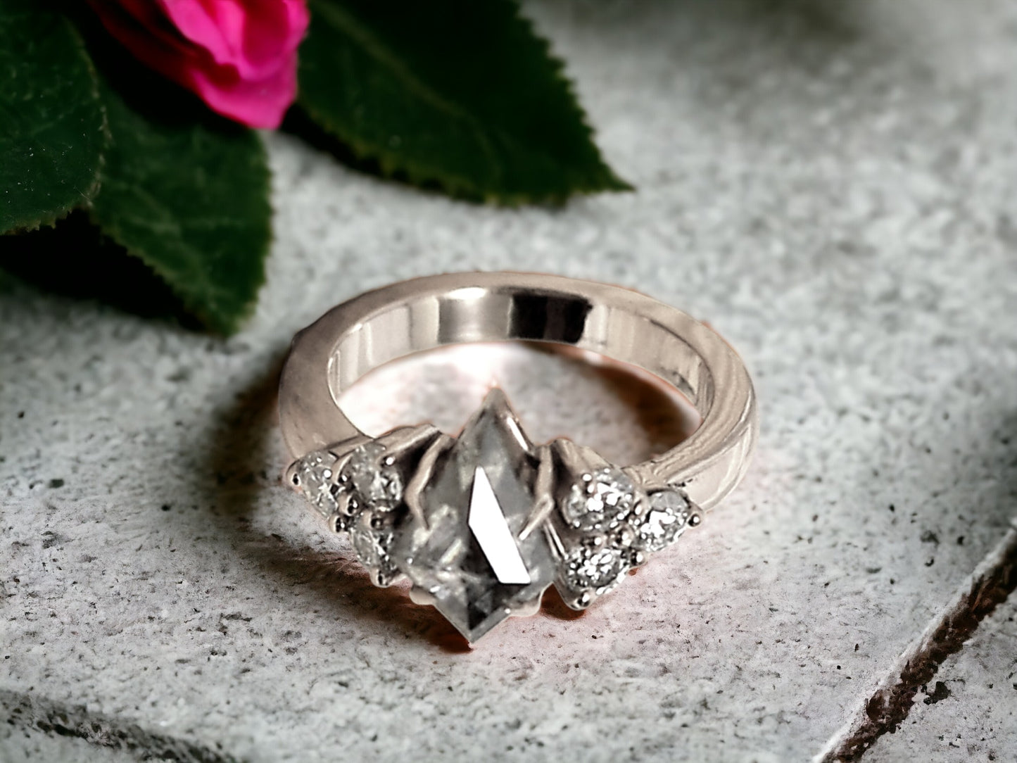 Kite Cut Salt and Pepper Diamond Ring Handmade Minimalist Engagement Ring
