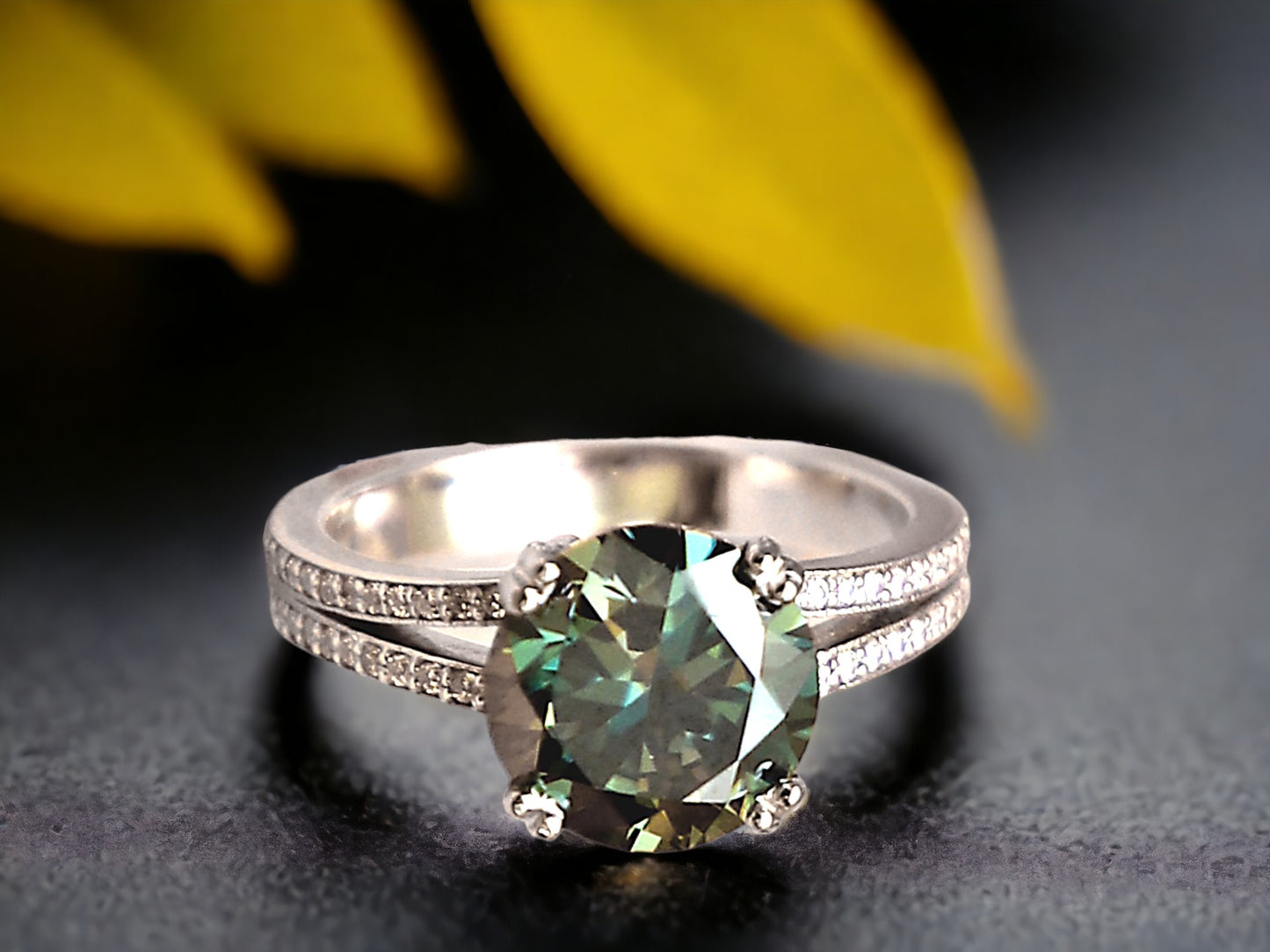 Green Salt and Pepper Diamond Ring with a Split Shank Design