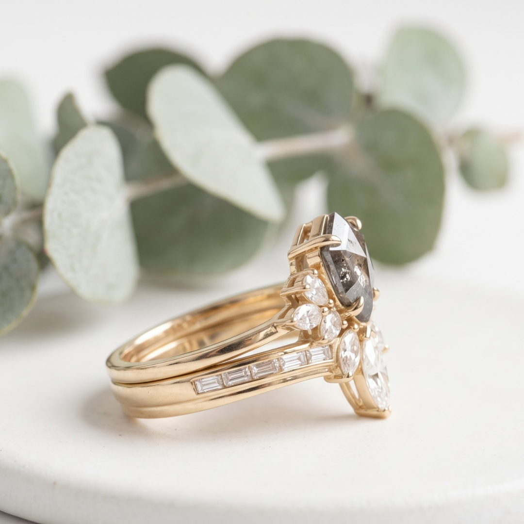 Shield Cut Salt and Pepper Diamond Wedding Ring