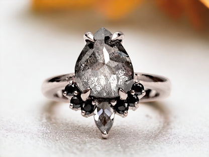 Rustic Salt and Pepper Diamond Engagement Ring Handmade Unique Gray Diamond Jewelry
