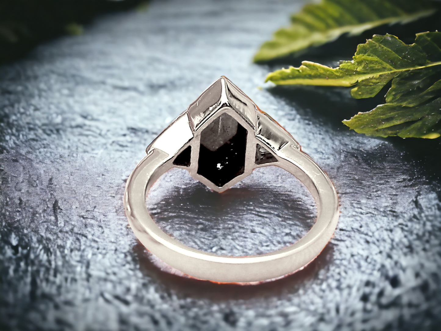 Hexagon Cut Salt and Pepper Diamond Ring Rustic Handmade Engagement Ring