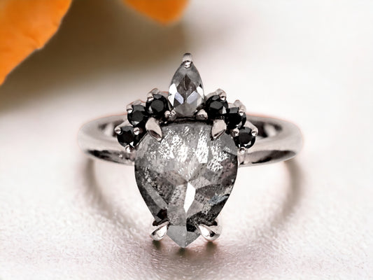 Kite Pear Shape Diamond Ring with Rustic Salt and Pepper Stone