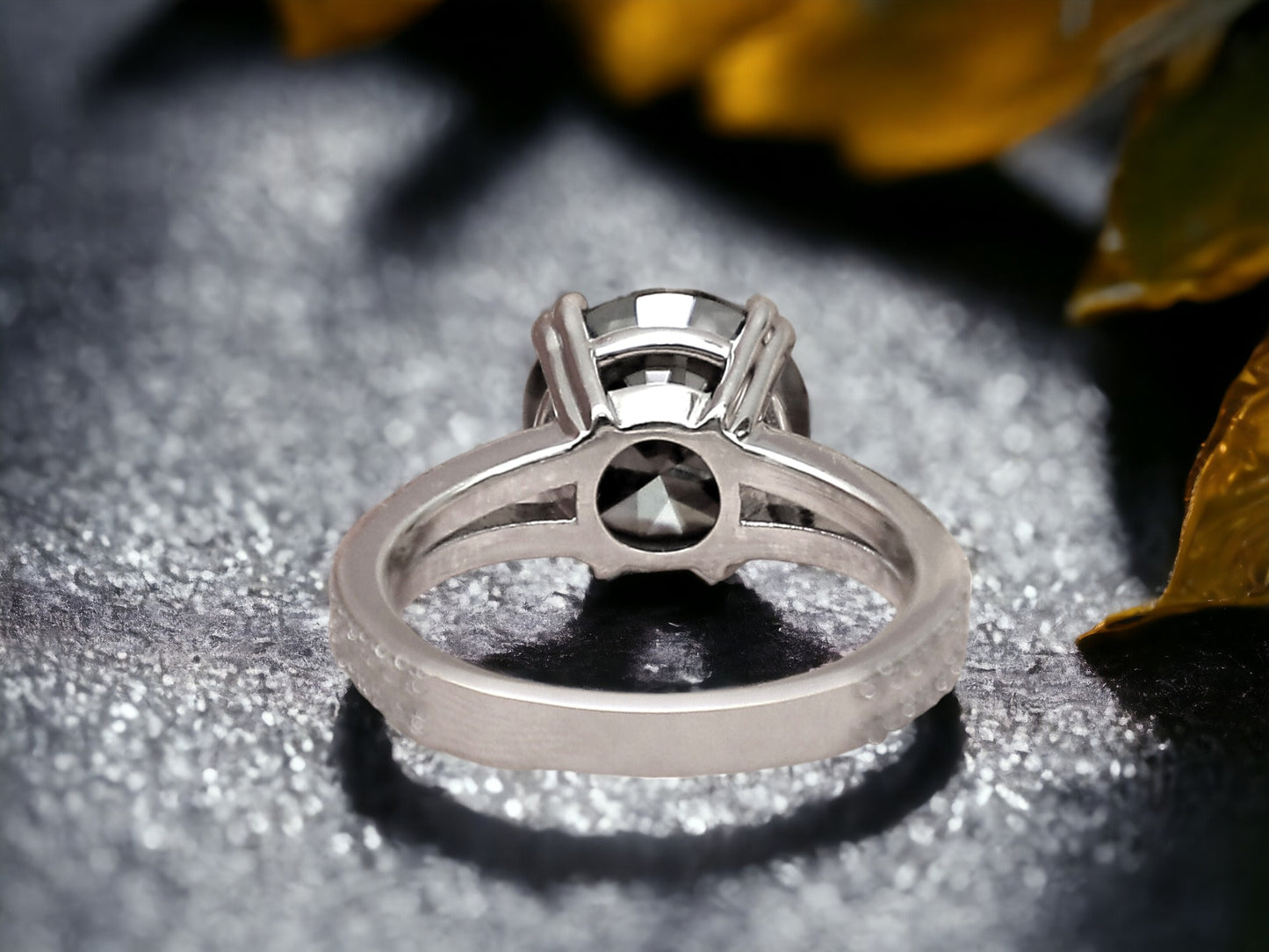 Green Salt and Pepper Diamond Ring with a Split Shank Design