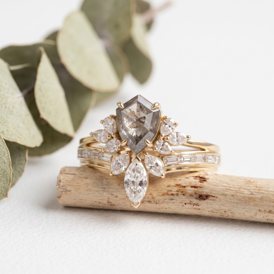 Shield Cut Salt and Pepper Diamond Wedding Ring