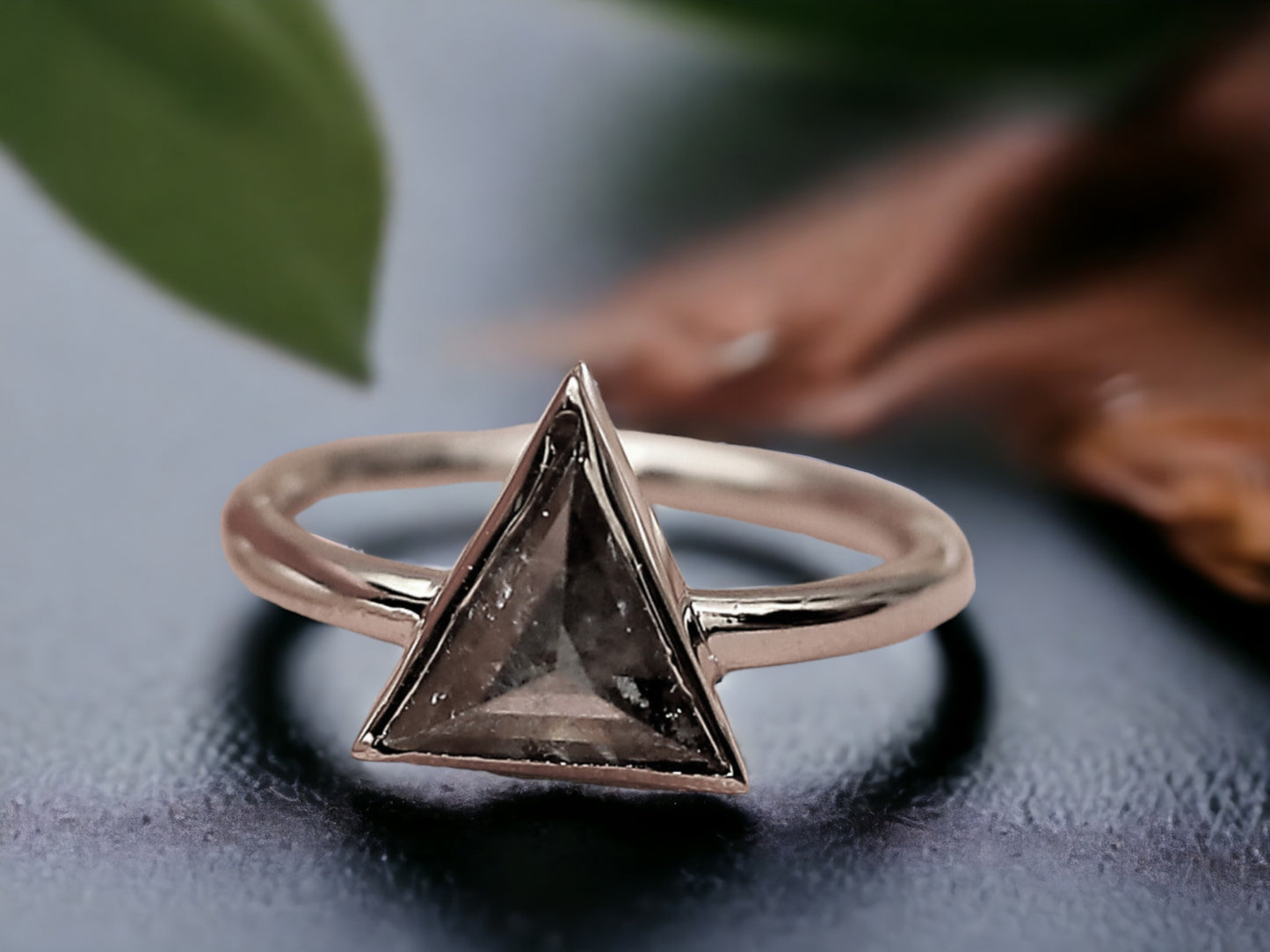 Triangle Salt & Pepper Diamond Ring, Raw Natural Engagement Ring, Handmade Rustic Gold