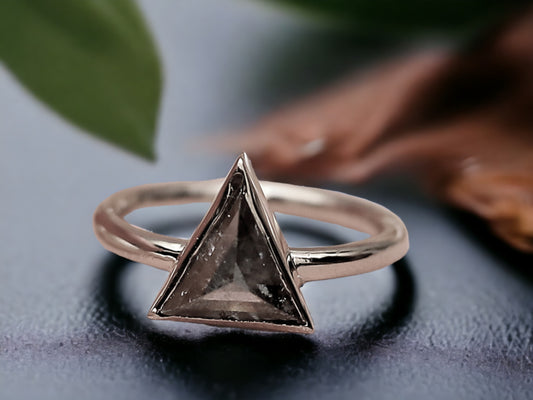 Triangle Salt & Pepper Diamond Ring, Raw Natural Engagement Ring, Handmade Rustic Gold