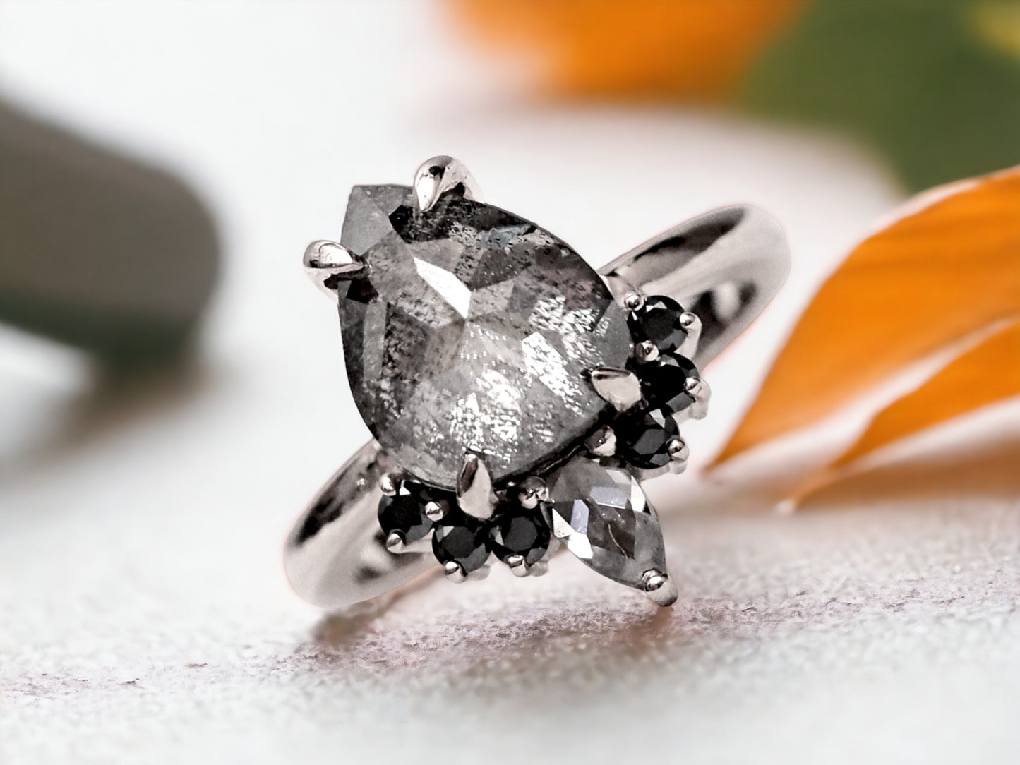 Rustic Salt and Pepper Diamond Engagement Ring Handmade Unique Gray Diamond Jewelry