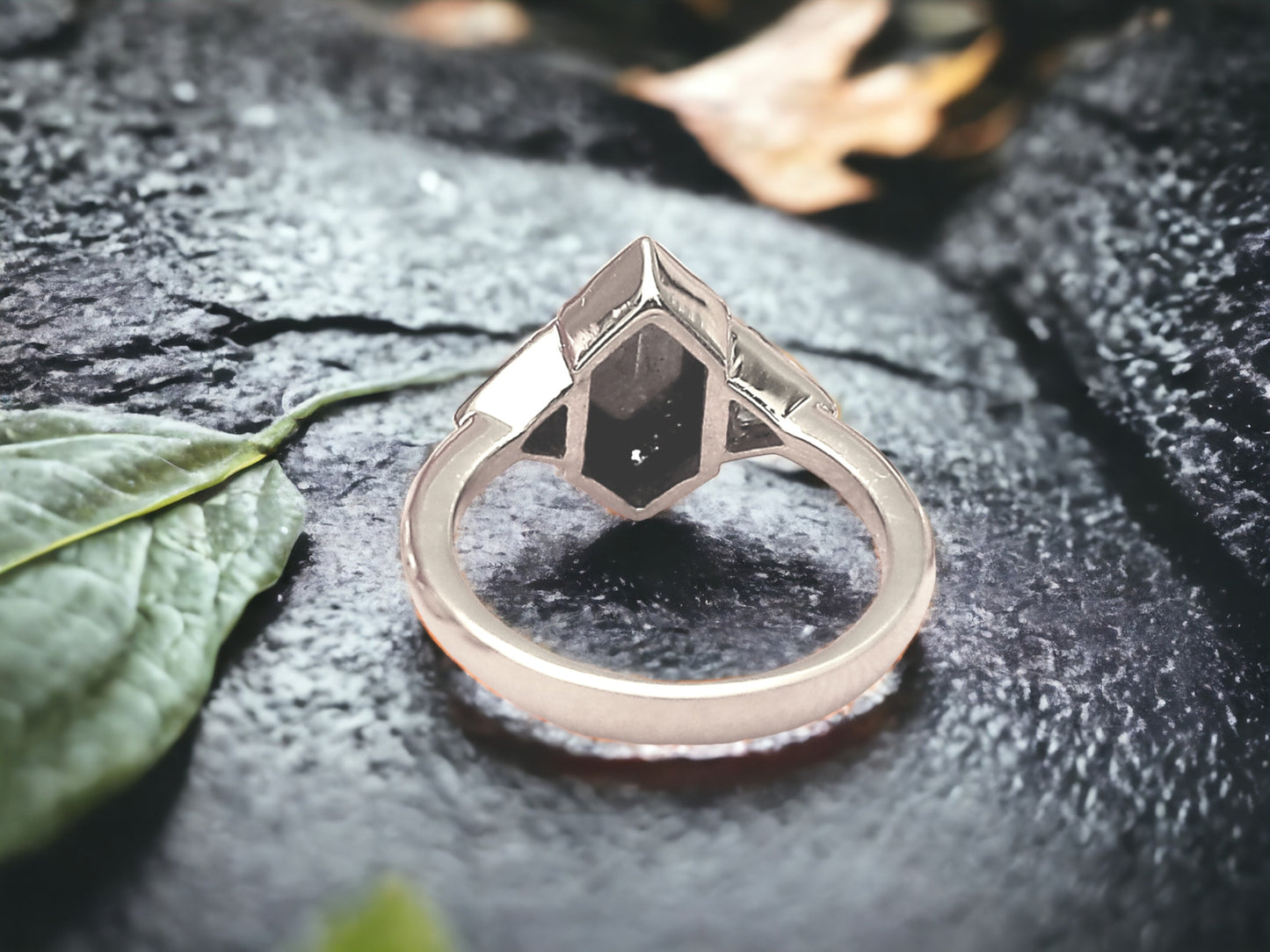 Hexagon Cut Salt and Pepper Diamond Ring Rustic Handmade Engagement Ring