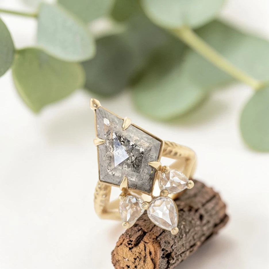 Salt and Pepper Kite Diamond Halo Engagement Ring in Gold