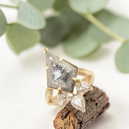 Salt and Pepper Kite Diamond Halo Engagement Ring in Gold