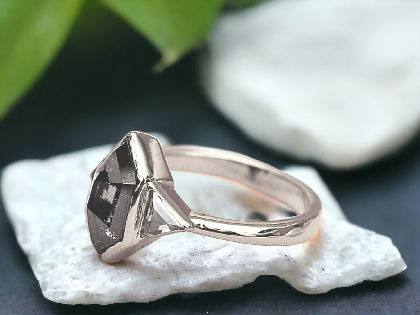 Hexagon Cut Salt and Pepper Diamond Ring Rustic Handmade Engagement Ring