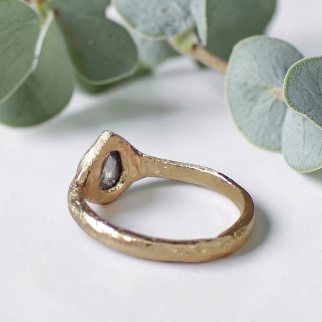 Pear Salt and Pepper Diamond Ring with a Rustic Hand Carved Band