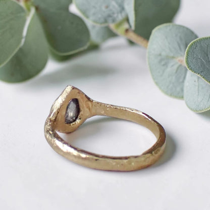 Pear Salt and Pepper Diamond Ring with a Rustic Hand Carved Band