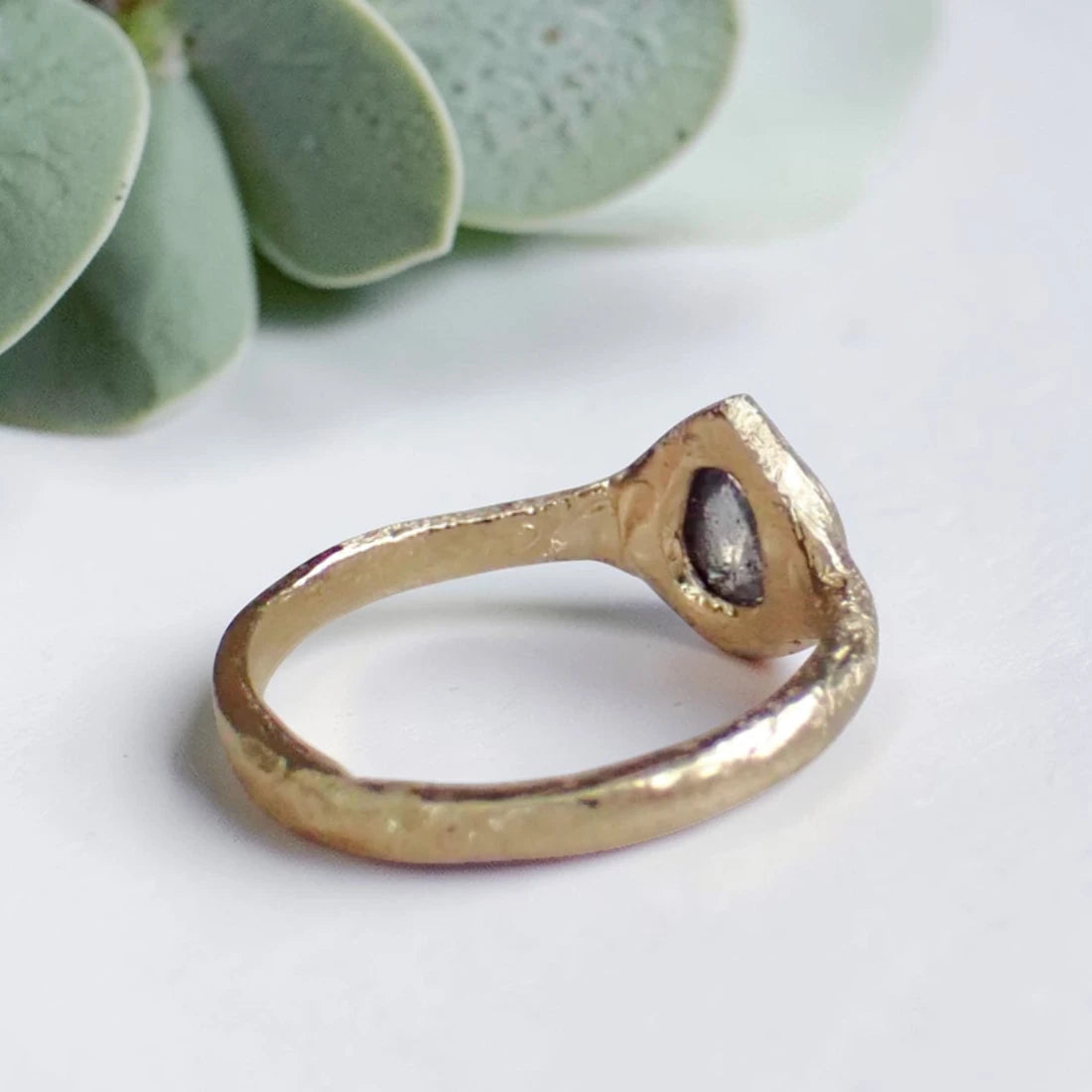 Pear Salt and Pepper Diamond Ring with a Rustic Hand Carved Band