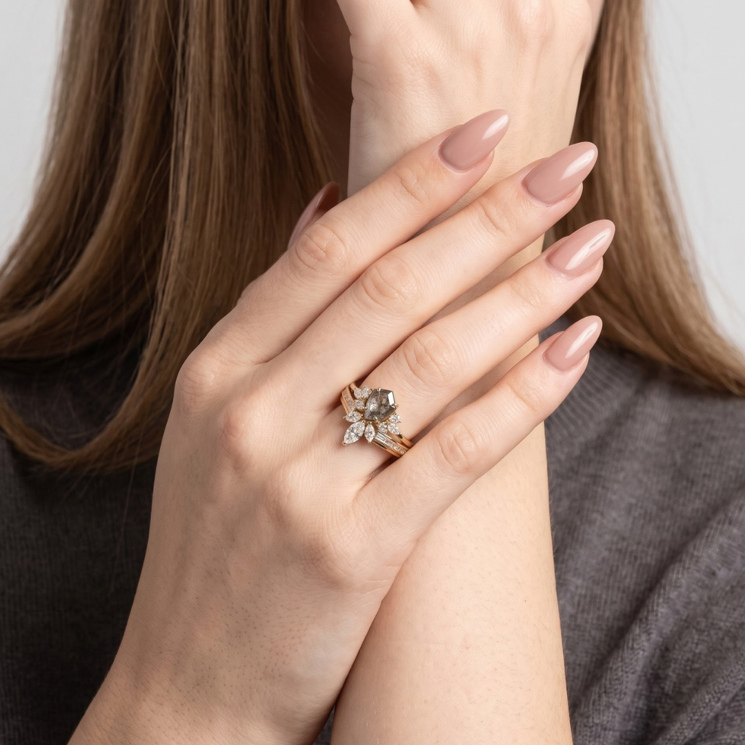 Shield Cut Salt and Pepper Diamond Wedding Ring