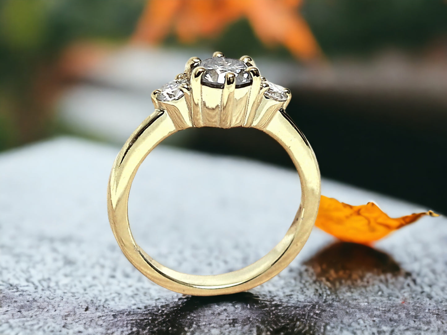 Three Stone Engagement Ring Handmade in Fine Gold