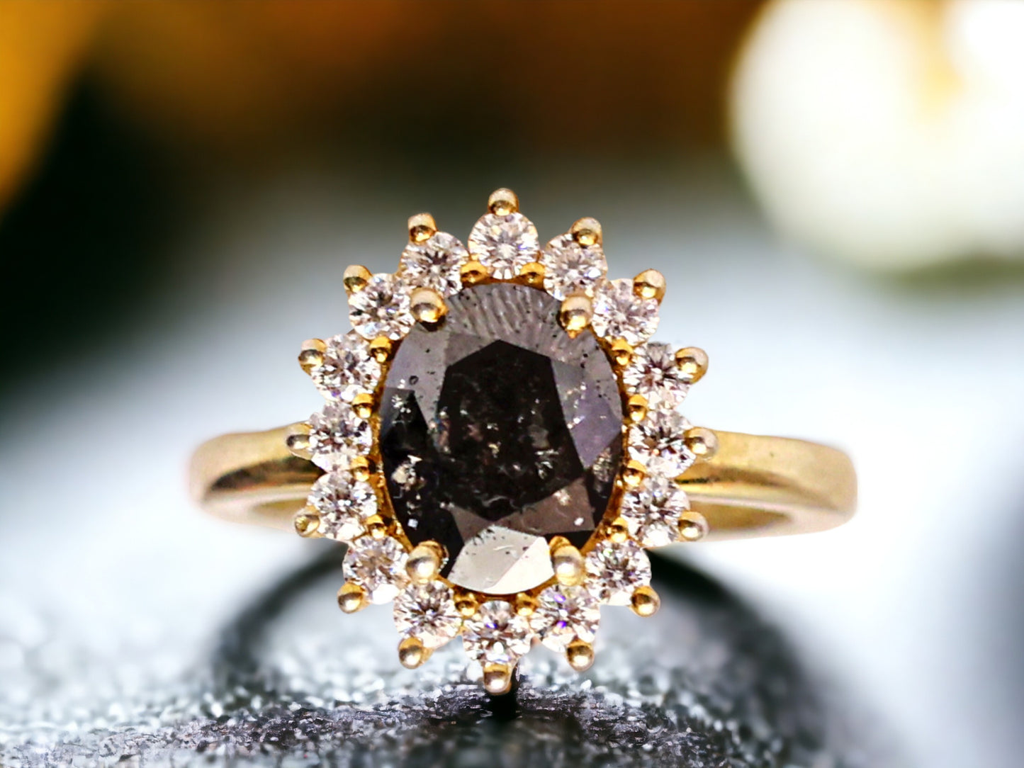 Oval Cut Salt and Pepper Diamond Ring – Modern Minimalist Bridal Statement Ring