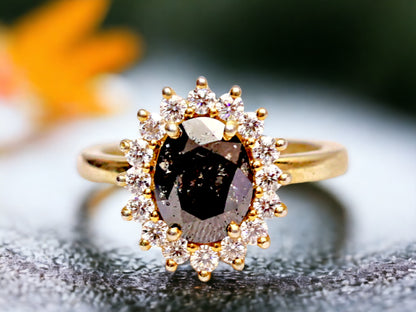 Oval Cut Salt and Pepper Diamond Ring – Modern Minimalist Bridal Statement Ring