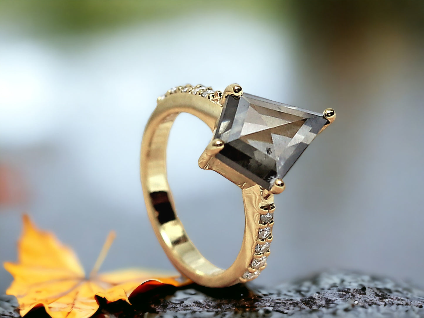 Kite Cut Black Diamond Ring Unique Engagement Ring in Gold