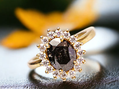 Oval Cut Salt and Pepper Diamond Ring – Modern Minimalist Bridal Statement Ring