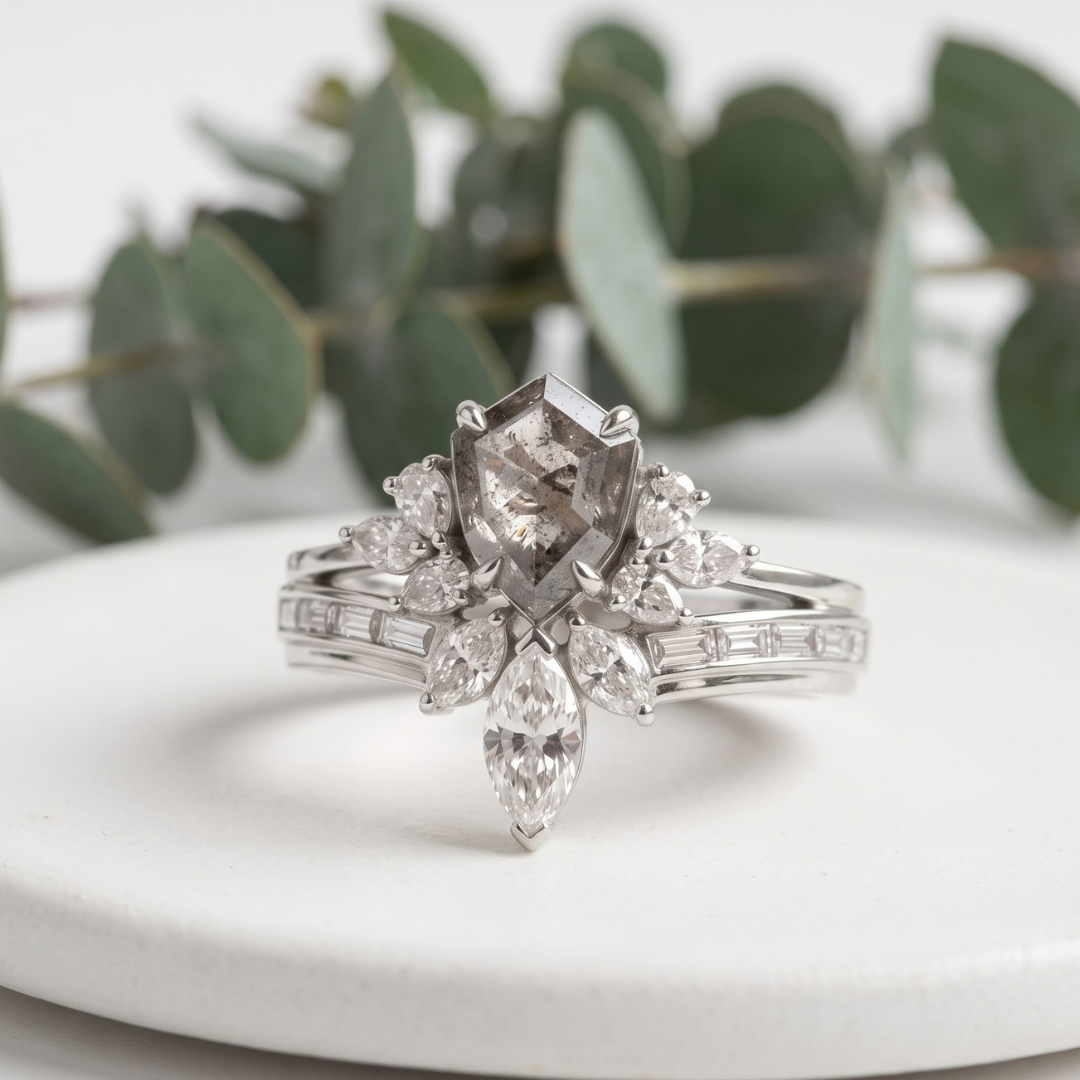 Shield Cut Salt and Pepper Diamond Wedding Ring